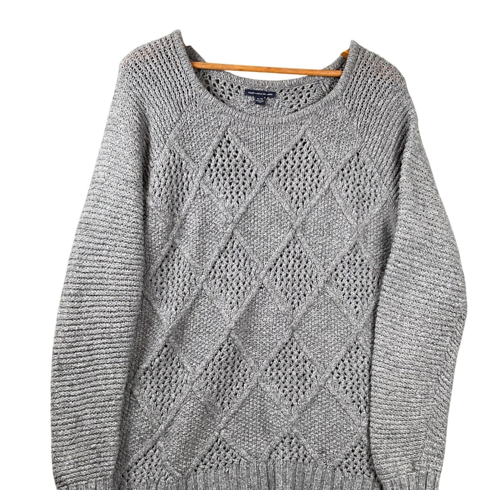 American Eagle Sweater Womens XL Gray Diamond Pointelle Long Sleeve wool blend